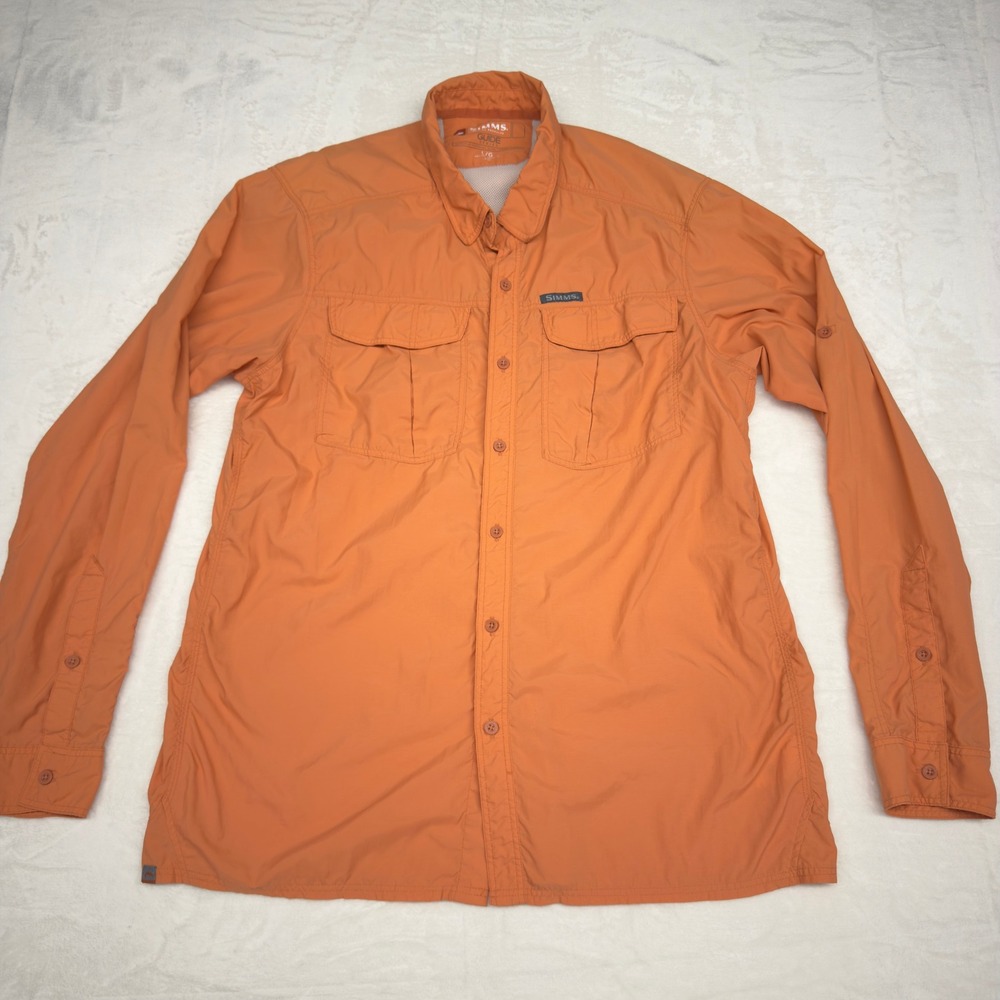 Simms Guide Series Fishing Shirt Mens Large Orange Vented Long Sleeve Nylon